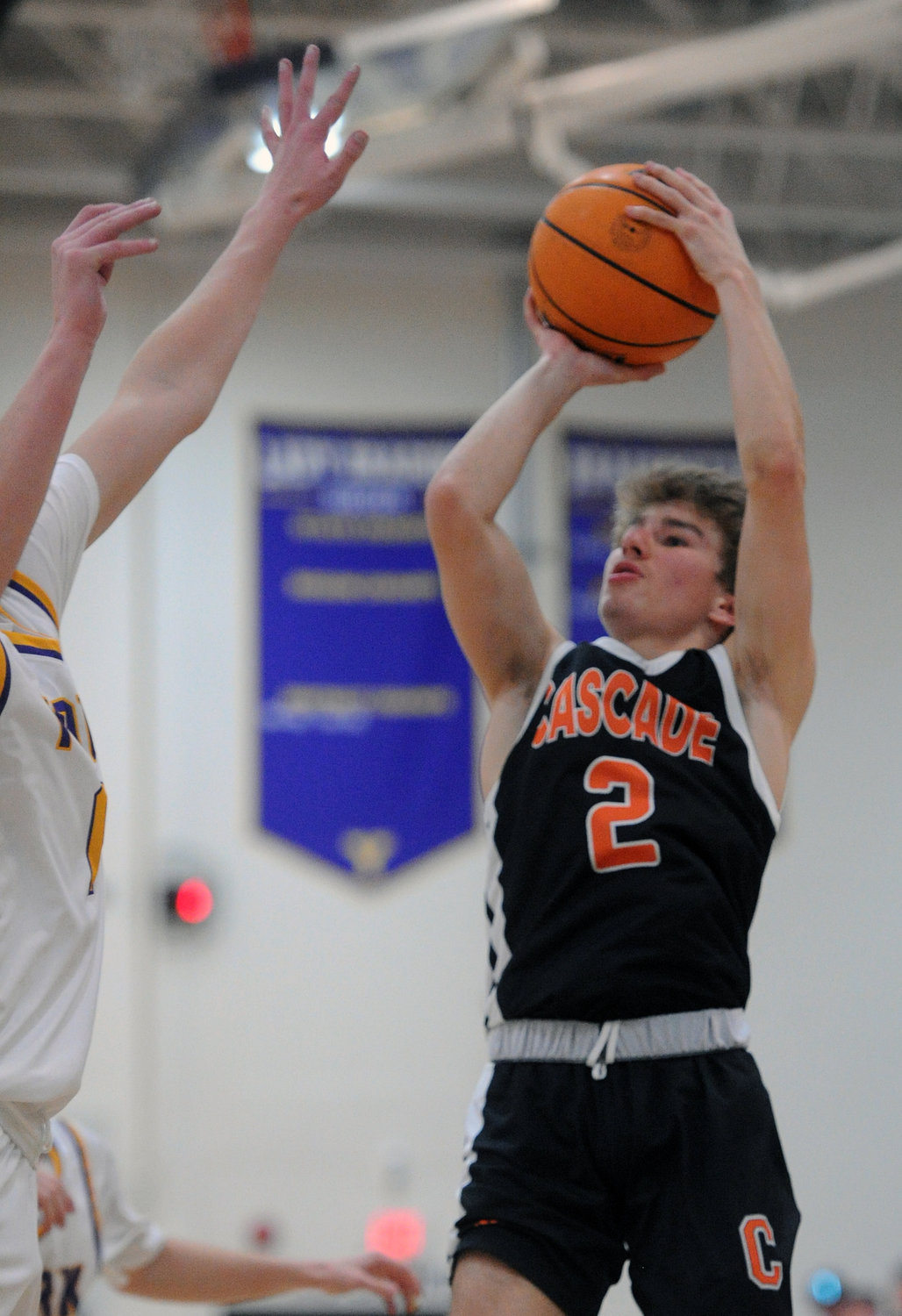 Senior Jayden Gulick pulls up for a contested jumper during Monday night’s sectional.