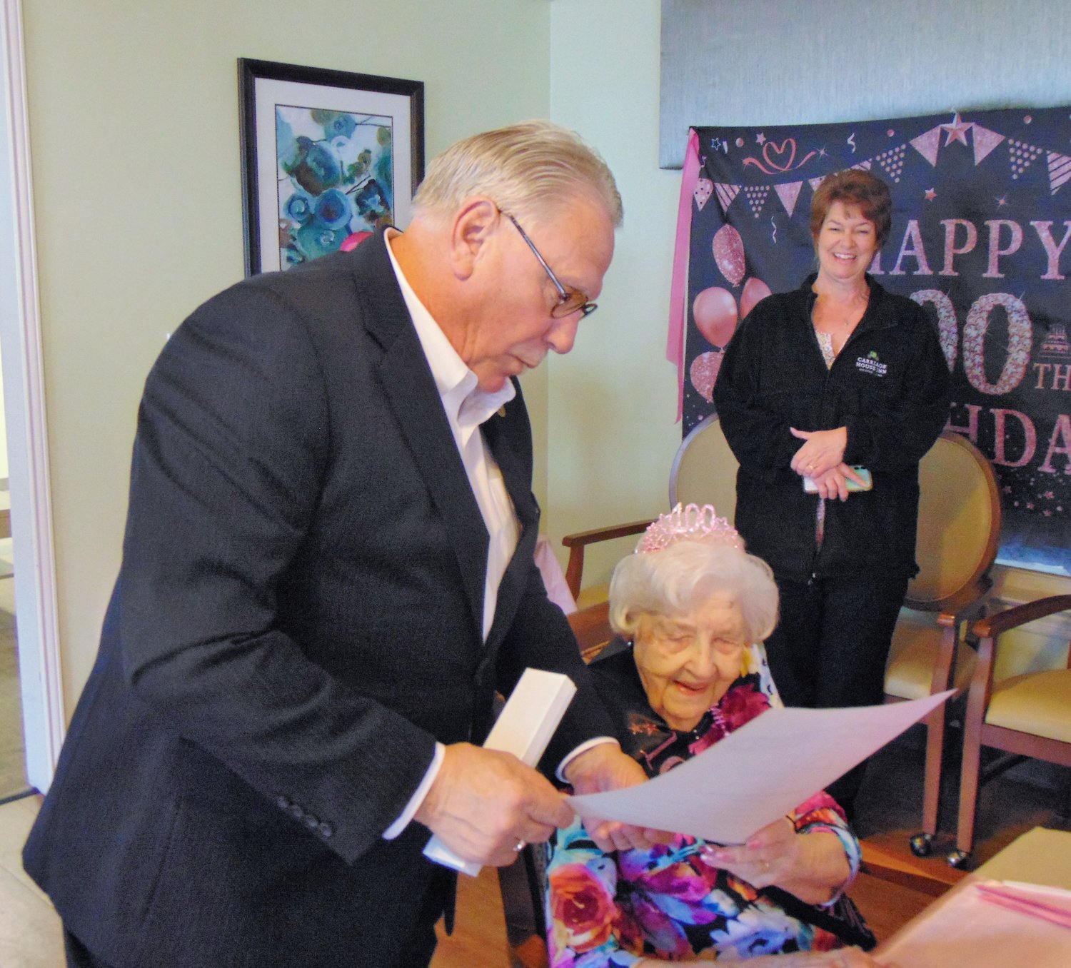 Mayor Randy Carroll read a proclamation declaring Christine one of Shelbyville’s centenarians.