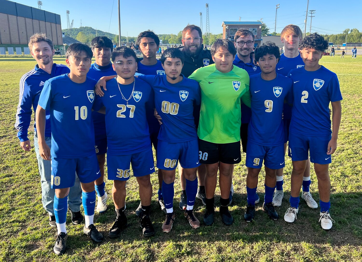 Seniors were honored before the Shelbyville Central game on Tuesday evening. Those seniors are (front, from left) Yahir Cervantes, Matthew Lopez, Gonzo Chamorro, Jonathan Rojas,  Arnold Avila and Brandon Cruz; (Back, from left) Eric Botello (Coach), Jonathan Medel, Ryan Tacuba, Chris Fritz (Coach), Jamie Groves (Coach) and Jake Betzelberger.
