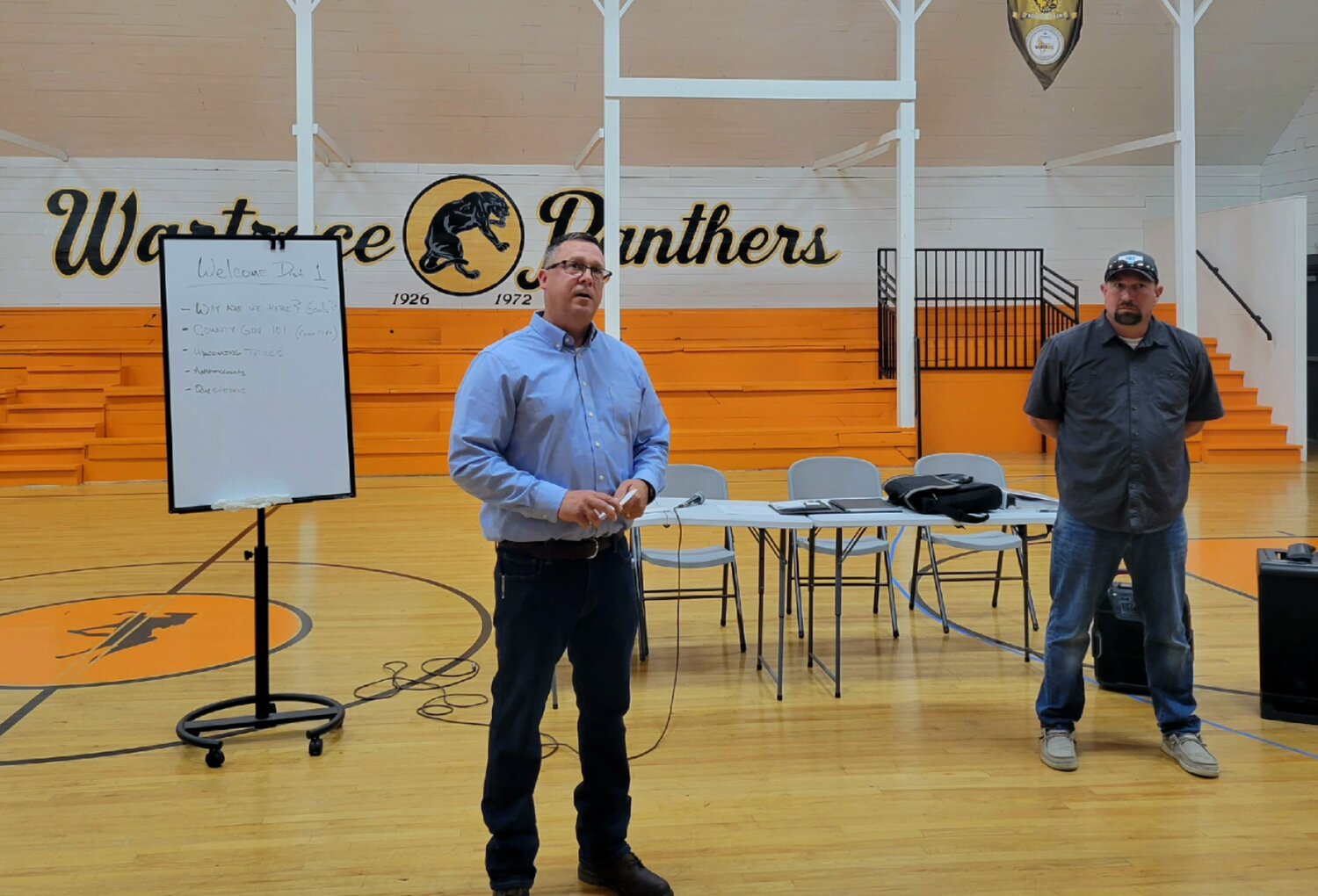 Commissioners Eric Maddox and Drew Hooker at the Wartrace Gym.