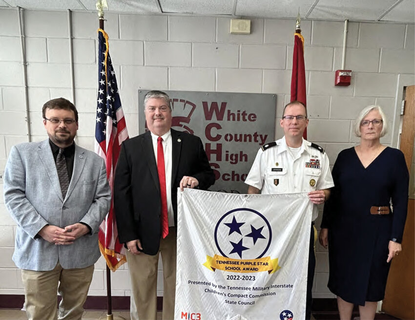L-R: Nathan James, Deputy Executive Director for Legislative and External Affairs at the State School Board; Greg Wilson, principal White County High School; LTC Aaron Johnson, US Army (Retired) WCHS JROTC Senior Army Instructor; and Deb Munis. Tennessee Military Family Education Liaison for the Military Interstate Children&rsquo;s Compact (MIC3).