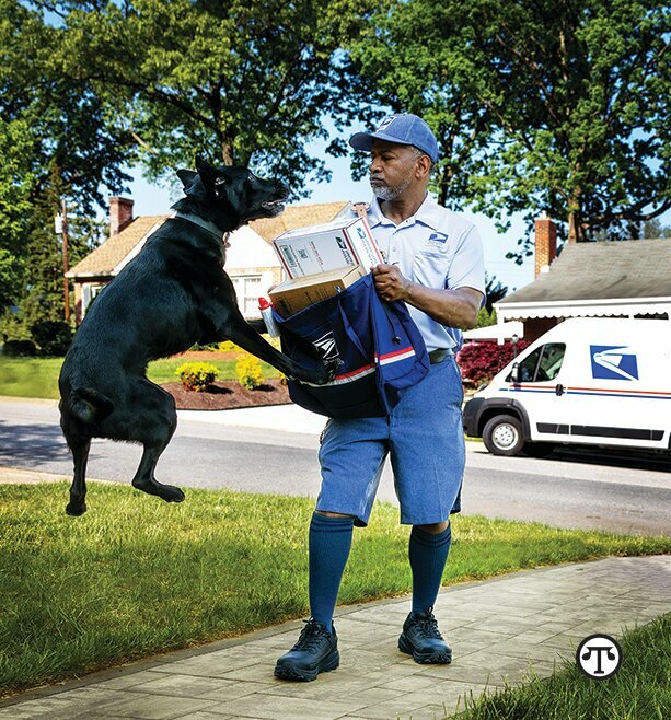 Linthicum Heights, MD, letter carrier T.J. Jackson shows how mail carriers can use their satchel to protect themselves from aggressive dogs.