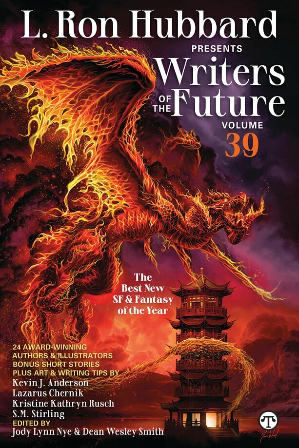 The winning art entitled &ldquo;Wyvern Crucible&rdquo; by Tom Wood graces the cover of L. Ron Hubbard Presents Writers of the Future Volume 39.