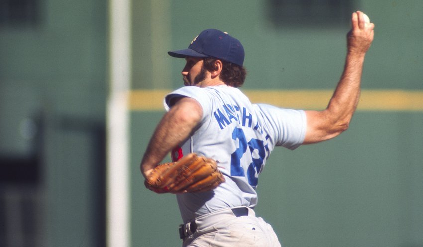Mike Marshall pitching for the Los Angeles Dodgers in 1974. A pioneer in the scientific techniques behind the hurl, he won the NL Cy Young Award and went on to earn a PhD in Kinesiology.