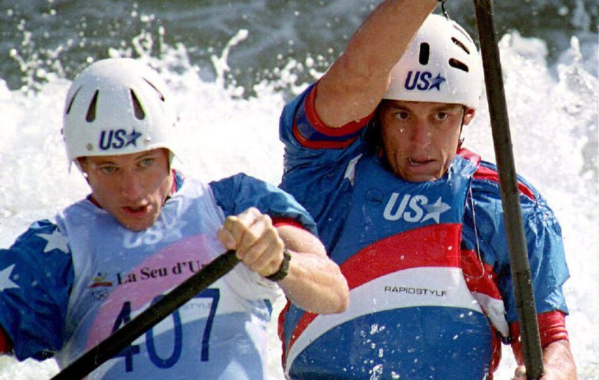 Joe Jacobi (right) and Scott Strausbaugh navigating the whitewater course at the 1992 Olympics in Barcelona. They remain the first and last American team to win gold in that Olympic event.