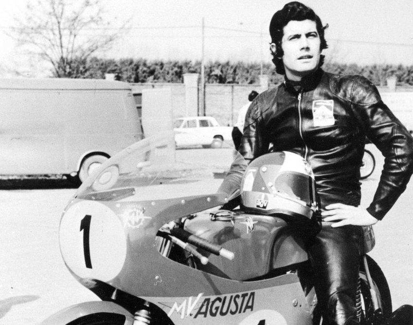 Motorcycle racing legend, Giacomo Agostini, aboard an MV Agusta (early 1970s), which took him to 13 World Championships between 1966 and 1973. He remains the most successful motorbike racer of all time.