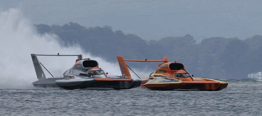 Corey Peabody (left) racing his 'Lynx Healthcare' hydroplane to victory at the 112th annual running of the Gold Cup, the oldest trophy in motor sport racing.