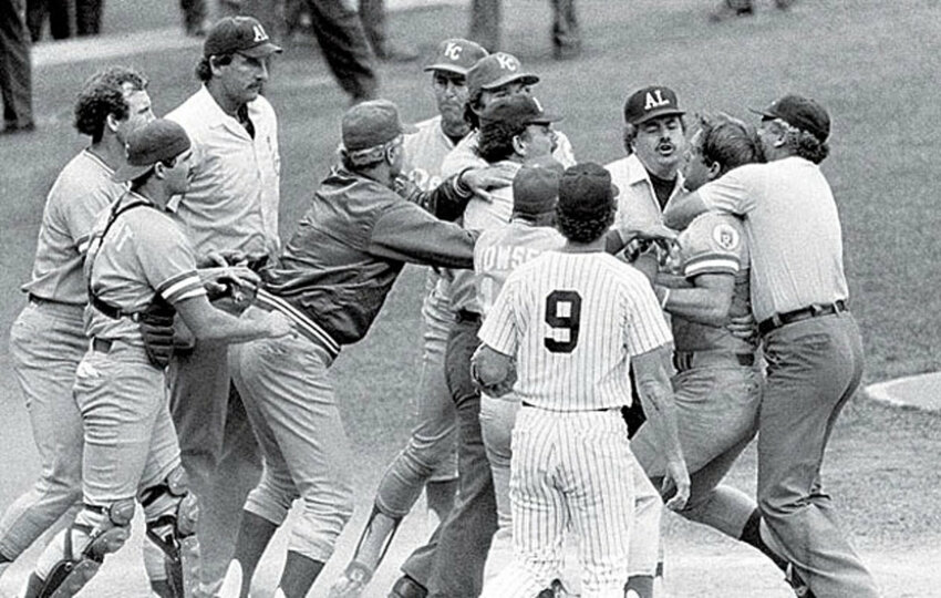 George Brett being restrained at the Pine Tar Game (July 24, 1983) after his home run was disallowed by the umpires due to excessive amount of pine tar found on his bat.