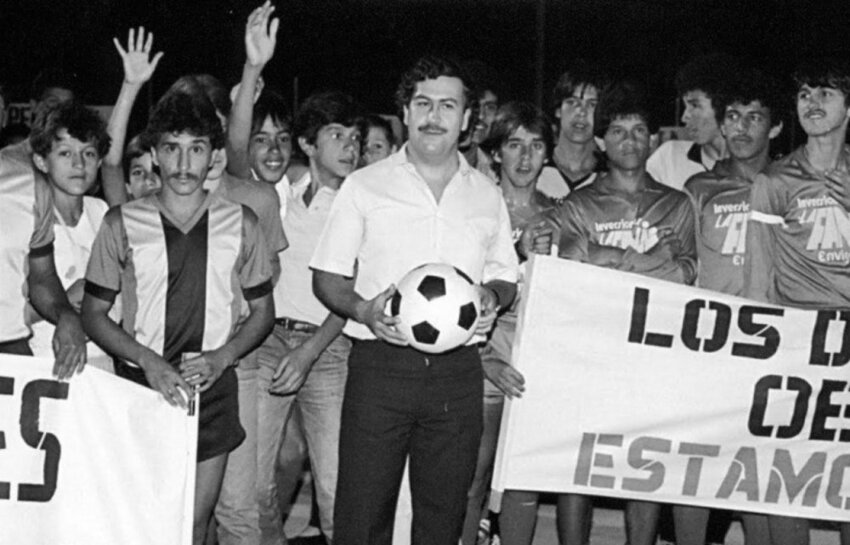 Cocaine kingpin Pablo Escobar with one of his soccer youth clubs. At his height, Escobar laundered money through Atletico Nacional, one of the country's premier professional teams.