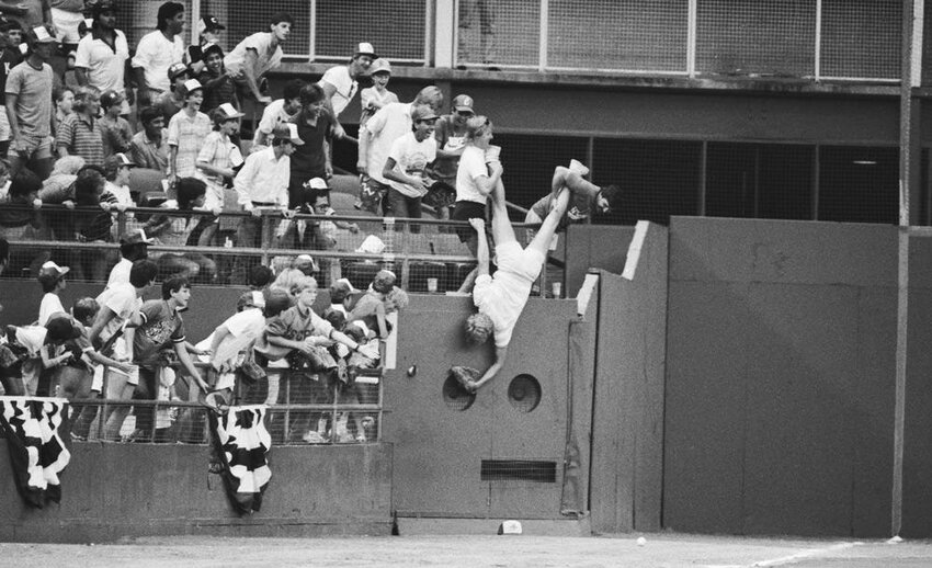 A fan is lowered upside down by his friends to retrieve a ball. Until 'Reuben's Rule' was born, spectators risked being arrested for keeping a foul ball.