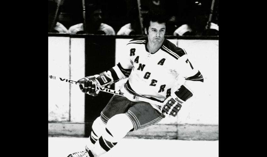 Rod Gilbert, the NY Rangers' all-time greatest scorer, shown on ice during his playing days in the 1960s-70s. Long-time sports reporter, Hal Bock, co-authored his autobiography.