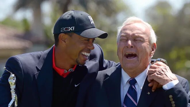 Tiger Woods and Arnold Palmer sharing a laugh after Woods won the 2013 Arnold Palmer Invitational, his 8th and last victory at the celebrated PGA Tour event.