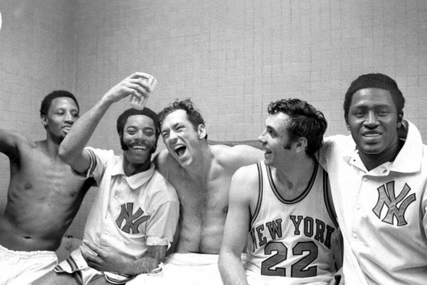 1970 NBA champs, the NY Knicks. From left to right: Dick Barnett, Walt Frazier, Bill Bradley, Dave DeBusschere, and Willis Reed. All except Barnett would be inducted into the Basketball Hall of Fame.
