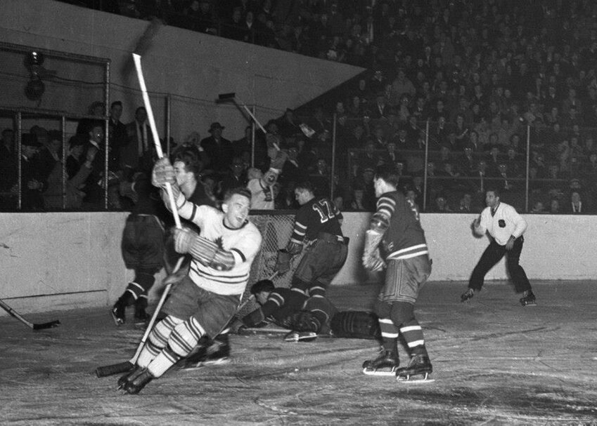 Jack McLean scoring a third-period goal, which turned out to be a game-winner against the New York Rangers at Maple Leaf Gardens in Toronto, Ontario (December 2, 1944).