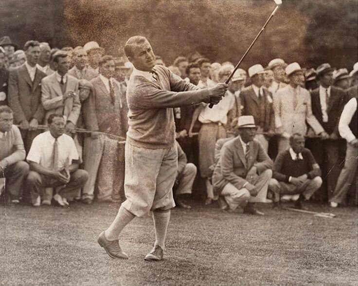 Gene Sarazen at the 1935 Masters Tournament where he double eagled the 15th hole for a playoff, which he would then win. His shot remains, arguably, the most famous in Masters history.