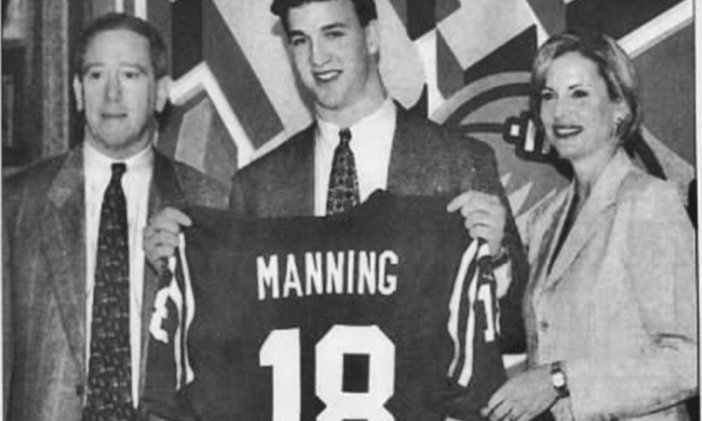 Peyton Manning at his NFL induction ceremony in 1998.  Drafted by the Indianapolis Colts as the first overall pick, Manning would transform the city's sports culture and deliver their first Super Bowl ever in 2006.
