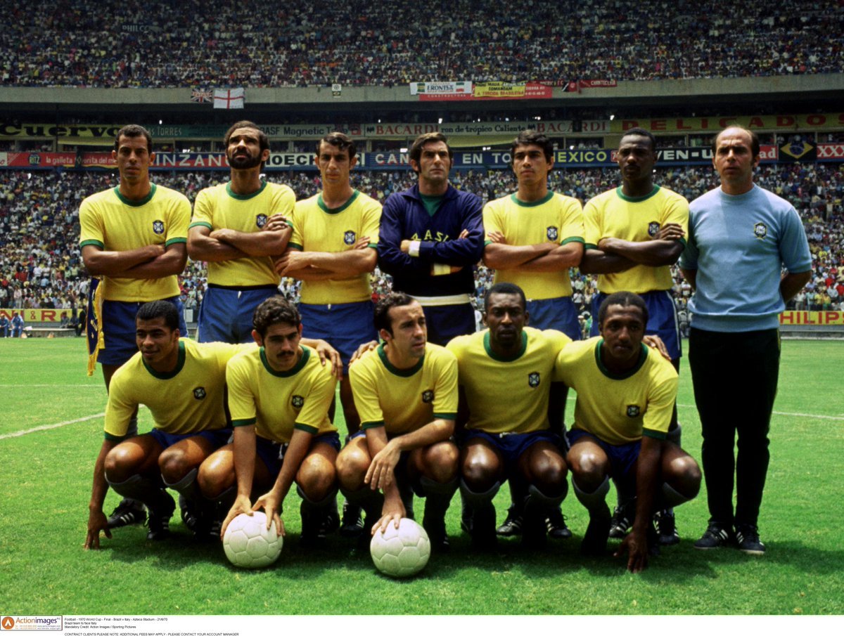 The 1970 Brazil national team. Regarded as the greatest squad ever assembled in international soccer, they went undefeated at the qualifiers and at the 1970 World Cup. Kneeling second from right is the iconic Pele who accounted for more than half the team's goals at the Cup, either directly or by assists.