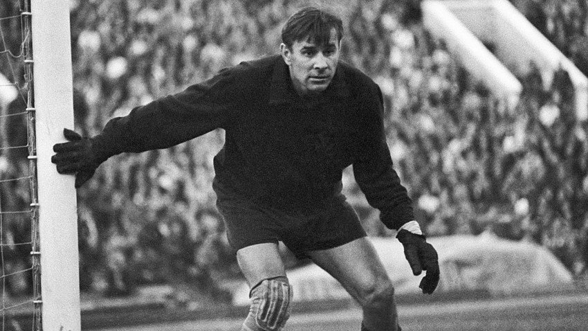 Lev Yashin in action guarding the net. Playing for Dynamo Moscow from 1950-1970, he is regarded as the greatest goal keeper of the 20th century.