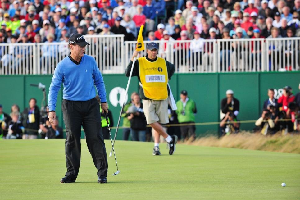Tom Watson looks on as he misses par on the 18th hole of the final round at the 2009 Open. The errant putt sent him into a losing playoff, which denied him an historic opportunity to become the oldest golfer to win a major at the age of 59.