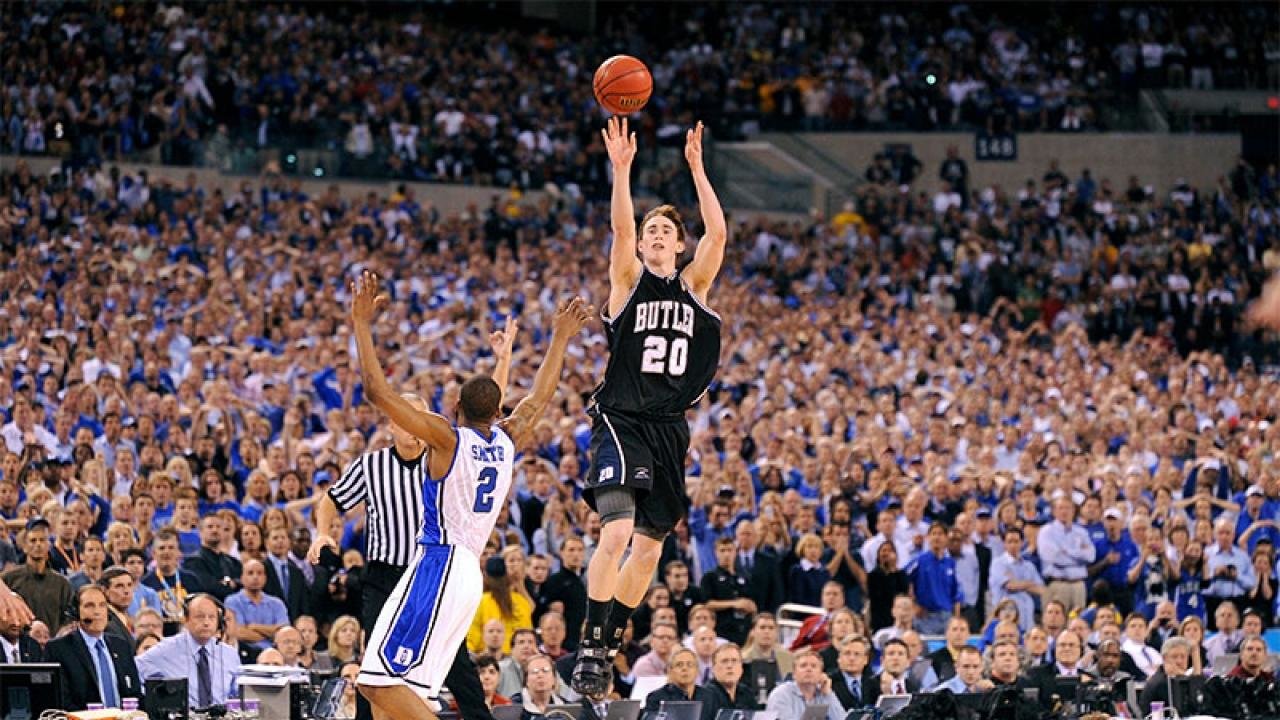 Butler's Gordon Hayward launching a shot against Duke at the 2010 NCAA championship. Butler lost the match, but as a small school its visibility at the tournament exploded and student applications soared by 41%.