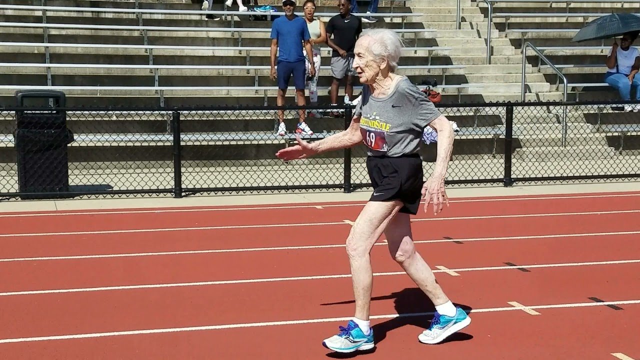 100-year-old Diane Friedman breaking the world record for her age group in the 100m dash at the Michigan Senior Games (August, 2021). Her time was 36.7 seconds.