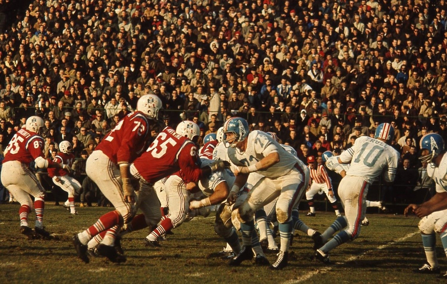 The Boston Patriots taking on the Houston Oilers at Fenway Park in 1963. The Patriots were homeless for 10 years before moving to Foxboro in 1971.
