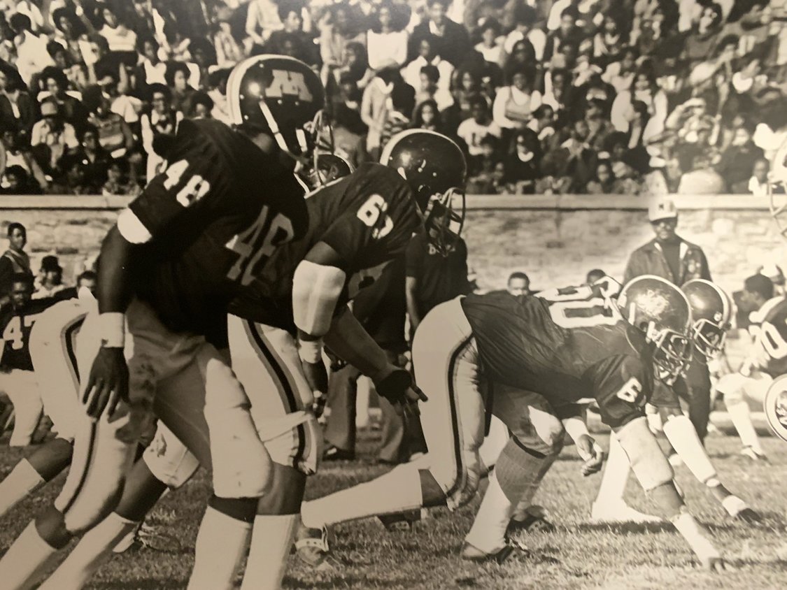 Mike Lyons spearheads 'The Quiet Storm Defense' as the nose tackle for Morgan State University (circa 1979). That year, the Bears went 9-2-0 and won the MEAC championship.