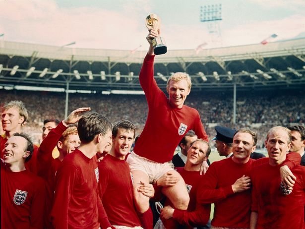 England's Geoff Hurst hoisting the trophy after defeating Germany 4-2 at the 1966 World Cup. It was the first and last World Cup title for the country that invented the game.