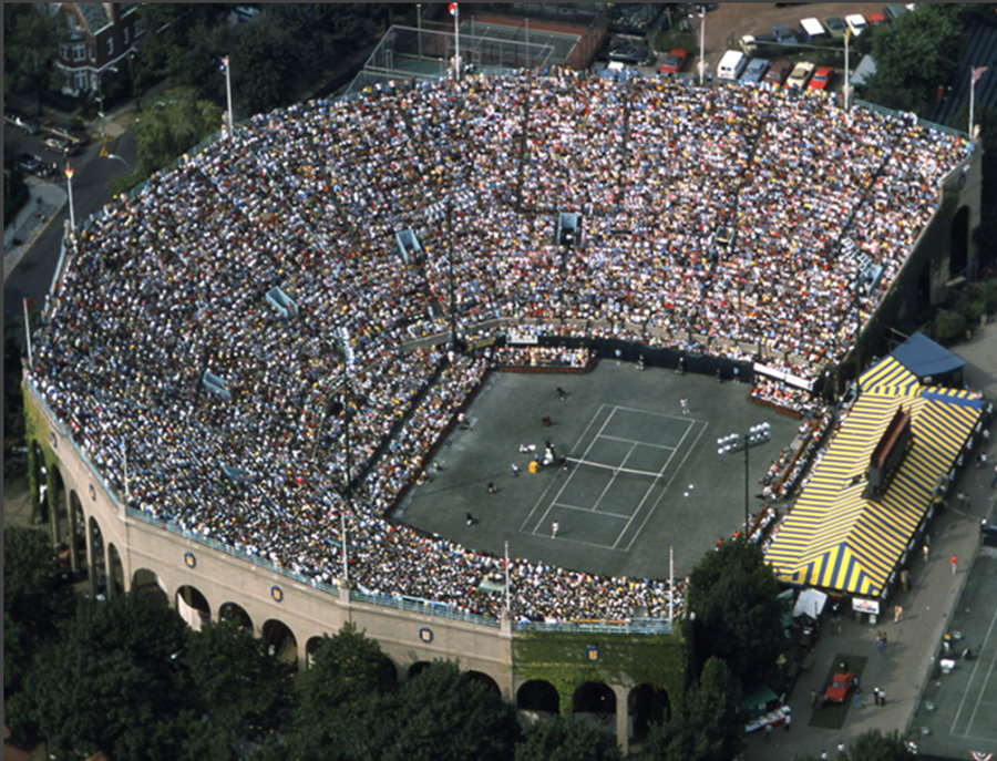 A 1977 aerial view of the West Side Tennis Club, for decades the host of the US Open and its predecessor, the National Championships. In 1978, the event relocated to the newly-built USTA National Tennis Center in Flushing Meadows.