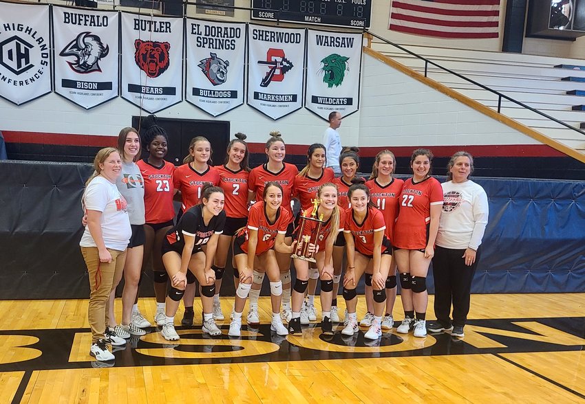 The Stockton Lady Tigers volleyball team poses for a photo after claiming second place in the Buffalo Tournament on Saturday, Sept. 1. In the tournament, the Lady Tigers won 2-0 against Crane, tied 1-1 with Fair Grove, won 2-1 against Hallsville, won 2-0 against New Covenant Academy and tied 1-1 with Springfield Catholic.