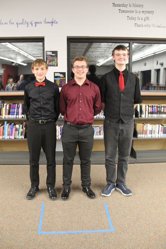 Pictured from left are SHS Poetry Out Loud Recitation Contest winners Aaron Bradshaw, second place; Tyler Johnson, first place; and Elijah Daniels, third place.