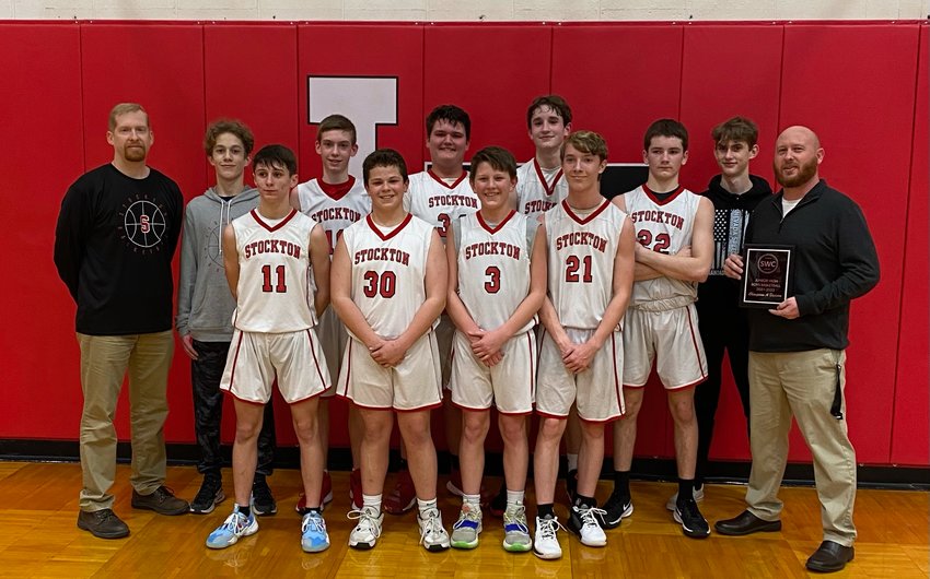 Pictured from left to right are Stockton Middle School hoopsters, front row, Quinton Hare, James Flora, Salvador Gonzalez, Carter Thornton; and back row, Coach John Woods, Kuper Duncan, Coulter Woods, Kale Rader, Jax Baxter, Logan Reser, Levi Mitchell and Coach Josh Vance.