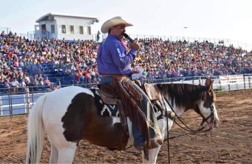 Above, Kelly Kenney, announces at one of his hundreds of rodeos each year. Kenney of Stockton got his start locally before advancing to pro rodeo announcing.