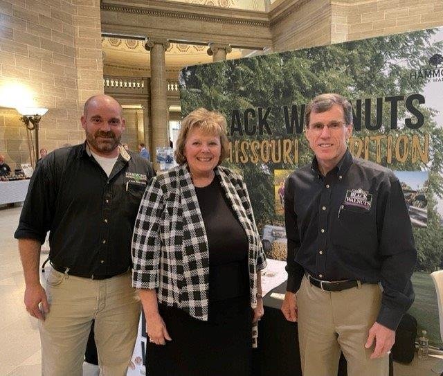 Pictured from left, Miles Brite, Hammons Product Company employee, Missouri Senator Sandy Crawford, and Brian Hammons, Hammons Product Company President, pose for a picture at &ldquo;Buy Missouri Day at the Capitol&rdquo; on Wednesday, April 13.
