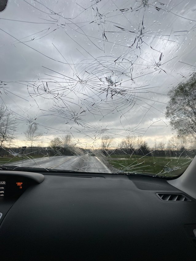 CCR reporter Pat Hindman&rsquo;s view from the driver&rsquo;s seat after she navigated softball-sized hail on her way back to Stockton through Fair Play last Thursday.