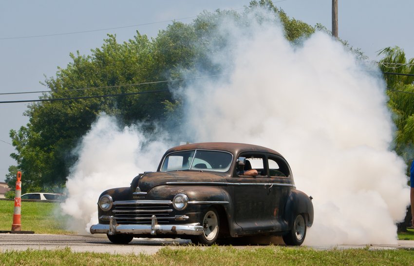 A classic car participates in SACC&rsquo;s burn out contest in August of 2021. The annual event returns this year.