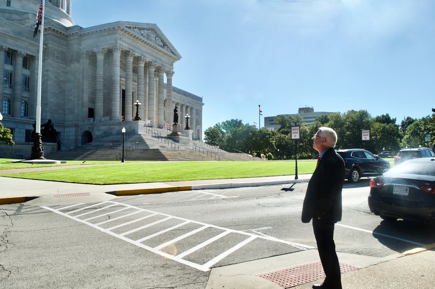 Manring approaches the Capitol in Jefferson City to attend Rep. Sarah Unsicker's press conference unveiling HB 15.