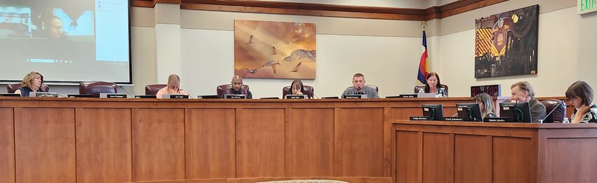 Members of city council during a regularly scheduled meeting. As circumstances sometimes require with various council members, Councilor Jamie Dominguez attends via Zoom.  