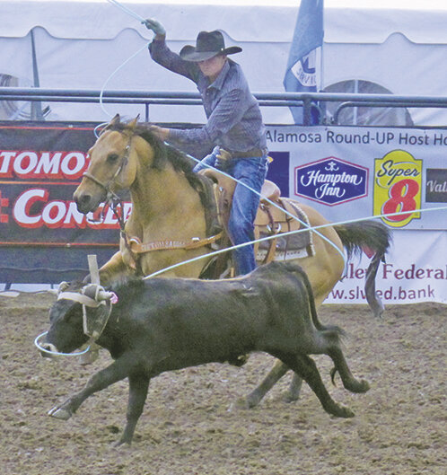 Klayt Staudt of Saguache competes as a heeler in team roping at the Alamosa Round-UP in June. Staudt was in two events at last week’s National High School Finals Rodeo in Rock Springs, Wyo., and he was also the Colorado boys all-around champion.