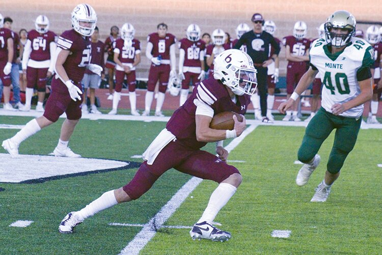 Alamosa High School’s Dyson Woodward (6) runs for a big gain as Monte Vista’s Judah Howe (40) closes in during last Friday’s game at Adams State University’s Rex Field. The Mean Moose will host Banning Lewis Academy, while the Pirates will travel to Rye this week. Both games will be Friday beginning at 7 p.m.