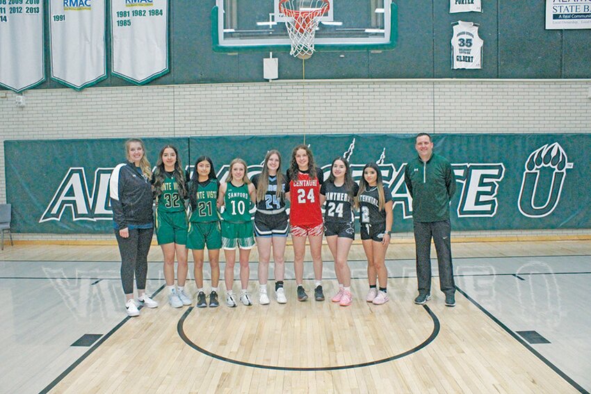 From left, coach Nicole Mortensen (Sanford), Daylin Castro (Monte Vista), Allessah Archuleta (Monte Vista), Brooklynn Reynolds (Sanford), Hallie Henry (Sangre de Cristo), Hannah Curtis (Centauri), Ahlea Garcia (Sierra Grande), Angeliyah Sandoval (Centennial), and coach Keith Caldon (Sanford).