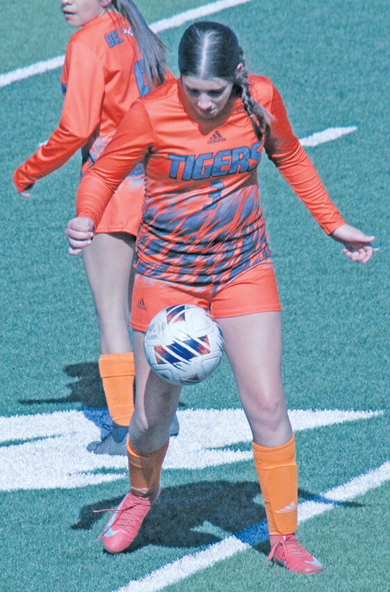 Del Norte High School’s Emma Parra dribbles the ball in Thursday’s game against Trinidad at Tiger Field. Parra recorded a hat trick in the Lady Tigers’ 5-1 win.