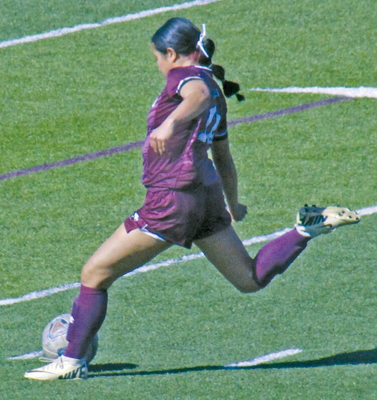 Alamosa High School’s Araceli Molina scores the first goal of the game against Pagosa Springs on Friday. The Lady Mean Moose defeated the Lady Pirates 4-0.
