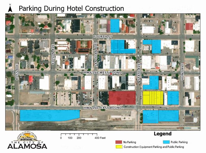 Map shows alternative parking areas downtown Alamosa now that construction of the new SpringHill Suites Hotel prohibits parking in previous areas. 