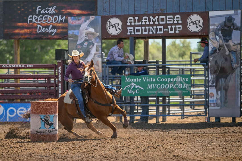Brittney Hawley had the best time in ladies barrel racing in the slack in 17.53 seconds.