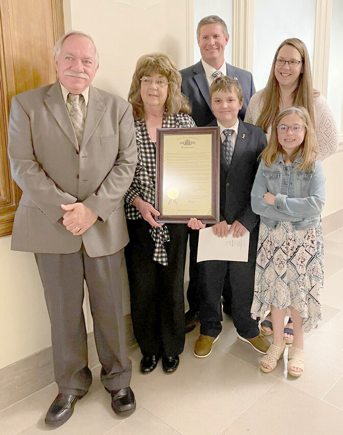 Front row from left are: Ron Gentry, Sandy Gentry, grandson Jackson Bruns and granddaughter Abby Bruns. Back row: Daniel and Stacy Bruns visited the Missouri State Capitol on Jan. 25, 2022. Sandy received a resolution from the Missouri House of Representatives for her outstanding service as a volunteer and administrative assistant with the Camdenton Chamber of Commerce and as a City of Camdenton Alderwoman.