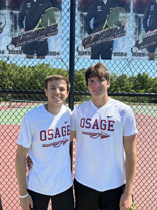 School of the Osage seniors Damon Lemke ( left ) and Steven Buckner lost 6-1, 6-1 to Andrew Bosman Jr. and Reid Schauman from Principa in the quarterfinal round of the Class 1 State Doubles Tournament on Friday, May 17, at the Cooper Sports Complex in Springfield. In the consolation bracket they fell 6-1, 6-2 to Noah Gould and Brighton Kurre from Savannah. In the first round, Lemke and Buckner beat Willis Bearden and Griffin Coen from Forsyth 6-1, 7-6.