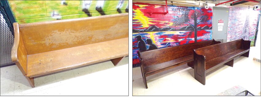 Refinished pews
Pews in the courtroom at the Moniteau County Courthouse are being refinished thanks to a program at Tipton Correctional Center and saving the county considerable money in the renovation of the space. On the left is a photo of a pew before it received a new life and on the right are pews after being refurbished.