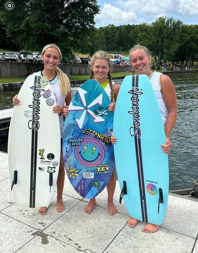 Camdenton was represented by lake area wakesurfers (from left) Lilli Sutterer and Victoria Moroski, along with Reece Johnson from Stillwell, KS on Saturday, July 20, at the 2024 MarineMax Midwest Coast Wakesurf Open held at Ha Ha Tonka State Park. Versailles native Landri Hall (not pictured) rounded out the open women's division.
