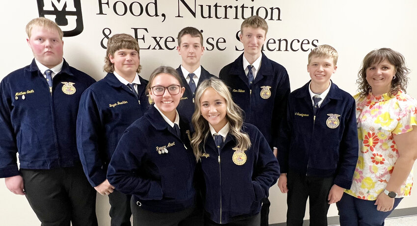 Tuscumbia FFA at State Agriscience Fair – Tuscumbia FFA chapter members competed Saturday, April 12 at the Missouri FFA Agriscience Fair on the MU campus in Columbia, with six advancing to nationals. Pictured are, from left, front row: Reagan Ahart, Leila Wright; back row: Matthew Smith, Bryan Buechter, Cayden Patterson, Alton Tellman, Levi Snodgrass and advisor Sarah White. In division 3, Snodgrass earned first in environmental systems/natural resources, Patterson earned first in food systems; Tellman placed first in animal science, Buechter placed first in technical and structural systems and Smith placed first in plant systems. In division 5, Wright placed first in food systems and Ahart placed second in environmental systems/natural resources. All first place winners will advance to nationals. (Photo by Connie Wyrick)